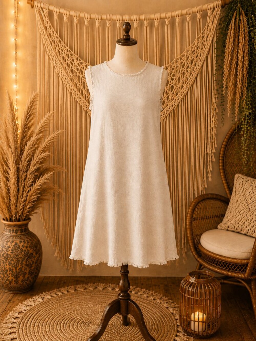 Boho Linen Dress | Natural Ivory | Sleeveless A-Line | Cottagecore